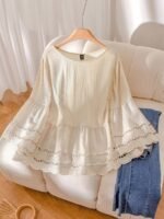 Elorivane Plus Size Apricot Shirt, Hollow Lace Patchwork Slightly Sheer, Spring Summer Vacation Casual Blouse - Image 4