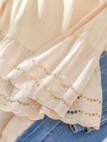 Elorivane Plus Size Apricot Shirt, Hollow Lace Patchwork Slightly Sheer, Spring Summer Vacation Casual Blouse - Image 5