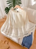 Elorivane Plus Size Apricot Shirt, Hollow Lace Patchwork Slightly Sheer, Spring Summer Vacation Casual Blouse - Image 6