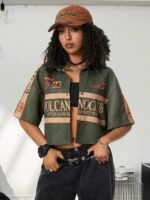 Elorivane Women Green Sport Graphic Crop Top, Loose Short Sleeve Back To School Festival Shirt - Image 5
