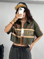 Elorivane Women Green Sport Graphic Crop Top, Loose Short Sleeve Back To School Festival Shirt - Image 7