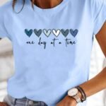 Elorivane Plus Size Light Blue Round Neck T-Shirt "One Day At A Time" Heart Print Soft Polyester for Summer Vacation Smart Casual Wear