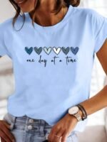 Elorivane Plus Size Light Blue Round Neck T-Shirt "One Day At A Time" Heart Print Soft Polyester for Summer Vacation Smart Casual Wear