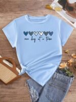 Elorivane Plus Size Light Blue Round Neck T-Shirt "One Day At A Time" Heart Print Soft Polyester for Summer Vacation Smart Casual Wear - Image 3