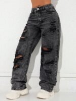 Elorivane Black Straight Leg Jeans, Y2K Rave Vintage, High Waist Side Pocket Slit, Casual Spring Fall Pants - Image 25