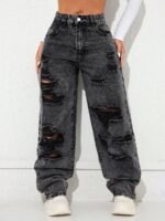Elorivane Black Straight Leg Jeans, Y2K Rave Vintage, High Waist Side Pocket Slit, Casual Spring Fall Pants - Image 24