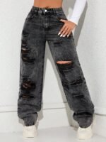Elorivane Black Straight Leg Jeans, Y2K Rave Vintage, High Waist Side Pocket Slit, Casual Spring Fall Pants - Image 29