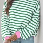 Elorivane Plus Size Striped Contrast Color Long Sleeve Sweatshirt Loose Casual for Fall Winter Halloween Christmas Wear
