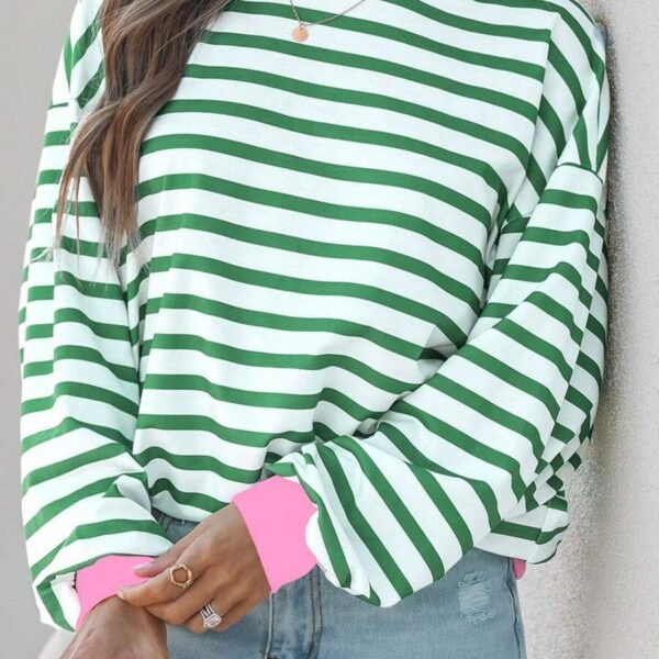 Elorivane Plus Size Striped Contrast Color Long Sleeve Sweatshirt Loose Casual for Fall Winter Halloween Christmas Wear