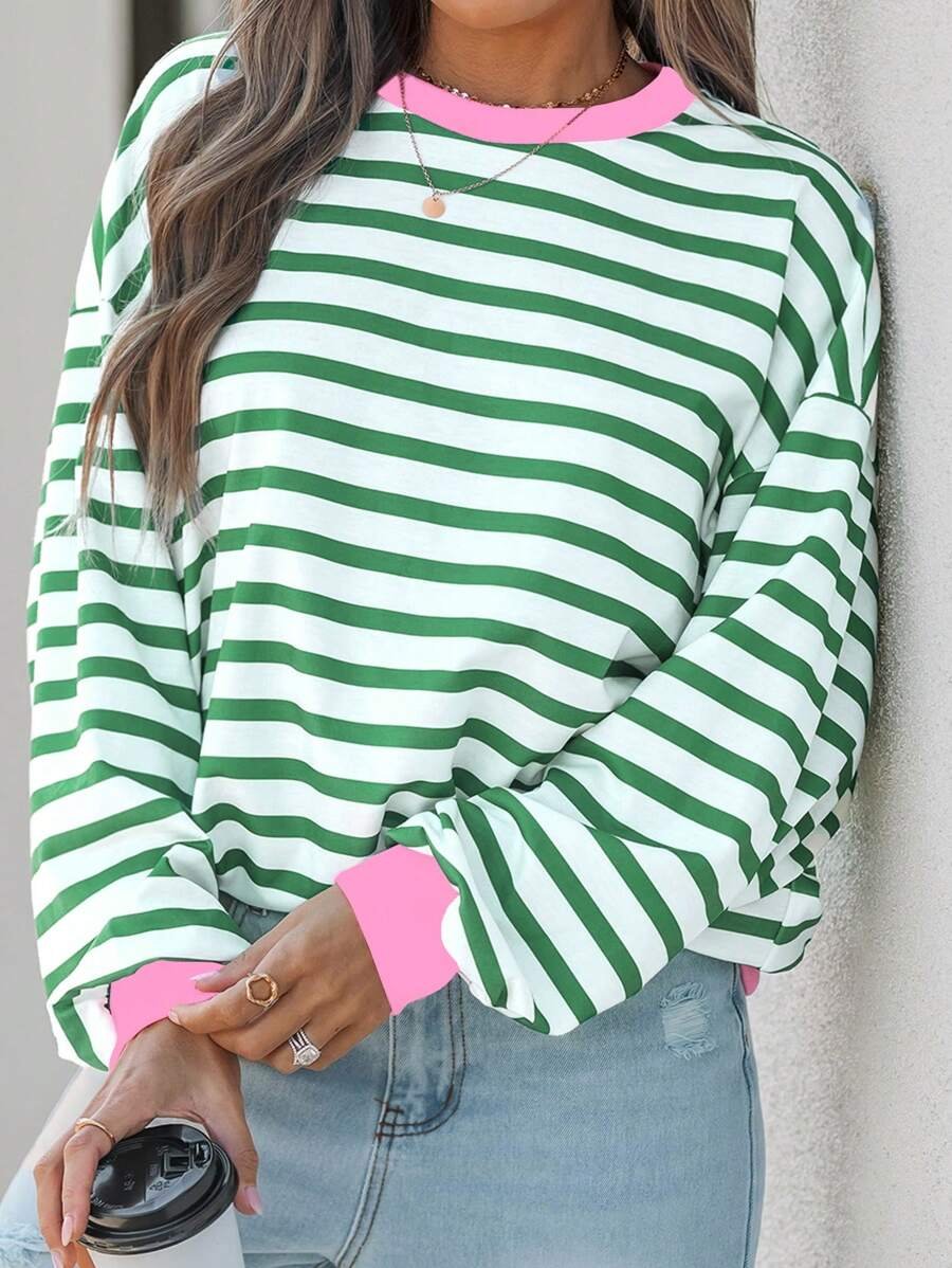174418618597fc9e25b50071cea18036794af301f5_thumbnail_900x Elorivane Plus Size Striped Contrast Color Long Sleeve Sweatshirt Loose Casual for Fall Winter Halloween Christmas Wear - Image 1