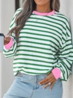 Elorivane Plus Size Striped Contrast Color Long Sleeve Sweatshirt Loose Casual for Fall Winter Halloween Christmas Wear - Image 4