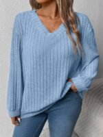 Elorivane Plus Size Loose V-Neck Wide Ribbed Pullover Sweatshirt for Autumn Winter Back To School Graduation Teacher Casual Wear - Image 27