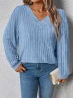 Elorivane Plus Size Loose V-Neck Wide Ribbed Pullover Sweatshirt for Autumn Winter Back To School Graduation Teacher Casual Wear - Image 30