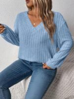 Elorivane Plus Size Loose V-Neck Wide Ribbed Pullover Sweatshirt for Autumn Winter Back To School Graduation Teacher Casual Wear - Image 31