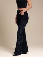 Elorivane Women Black Studded Flared Denim Jeans, High Rise Western Cowgirl Fall Winter Rodeo Festival Pants - Image 2