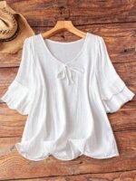 Elorivane Plus Size Women's Navy Blue Boho Blouse, Cotton Ruffle Sleeves with Bow Decor, Casual Leisure Shirt for Summer Vacation, Home, Daily Outing & Travel, Also Great for Fall Wear - Image 3