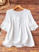 Elorivane Plus Size Women's Navy Blue Boho Blouse, Cotton Ruffle Sleeves with Bow Decor, Casual Leisure Shirt for Summer Vacation, Home, Daily Outing & Travel, Also Great for Fall Wear - Image 2