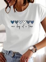 Elorivane Plus Size Light Blue Round Neck T-Shirt "One Day At A Time" Heart Print Soft Polyester for Summer Vacation Smart Casual Wear - Image 7