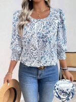 Elorivane Plus Size Ditsy Floral 3/4 Sleeve Shirt Fitted Round Neck Casual Top for Autumn Wear