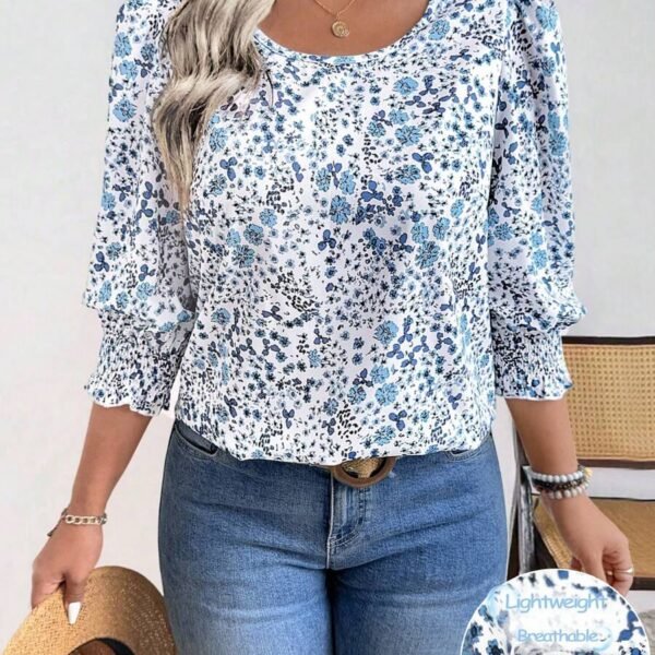 Elorivane Plus Size Ditsy Floral 3/4 Sleeve Shirt Fitted Round Neck Casual Top for Autumn Wear