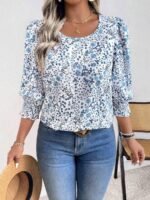 Elorivane Plus Size Ditsy Floral 3/4 Sleeve Shirt Fitted Round Neck Casual Top for Autumn Wear - Image 8