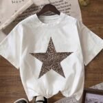 Elorivane Women's Leopard & Star Graphic Tee, Round Neck Casual Short Sleeve Summer T-Shirt