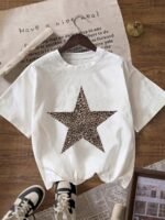 Elorivane Women's Leopard & Star Graphic Tee, Round Neck Casual Short Sleeve Summer T-Shirt