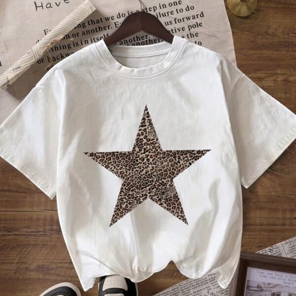 Elorivane Women's Leopard & Star Graphic Tee, Round Neck Casual Short Sleeve Summer T-Shirt