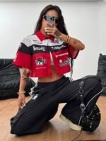 Elorivane Women Green Sport Graphic Crop Top, Loose Short Sleeve Back To School Festival Shirt - Image 30