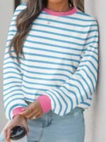 Elorivane Plus Size Striped Contrast Color Long Sleeve Sweatshirt Loose Casual for Fall Winter Halloween Christmas Wear - Image 7