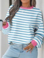 Elorivane Plus Size Striped Contrast Color Long Sleeve Sweatshirt Loose Casual for Fall Winter Halloween Christmas Wear - Image 10