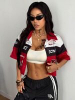 Elorivane Women Green Sport Graphic Crop Top, Loose Short Sleeve Back To School Festival Shirt - Image 26