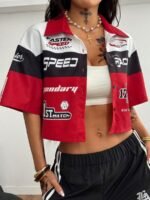 Elorivane Women Green Sport Graphic Crop Top, Loose Short Sleeve Back To School Festival Shirt - Image 28