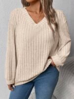 Elorivane Plus Size Loose V-Neck Wide Ribbed Pullover Sweatshirt for Autumn Winter Back To School Graduation Teacher Casual Wear - Image 39