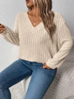 Elorivane Plus Size Loose V-Neck Wide Ribbed Pullover Sweatshirt for Autumn Winter Back To School Graduation Teacher Casual Wear - Image 42