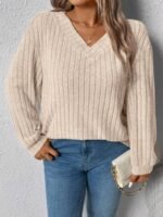Elorivane Plus Size Loose V-Neck Wide Ribbed Pullover Sweatshirt for Autumn Winter Back To School Graduation Teacher Casual Wear - Image 43