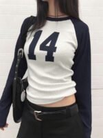 Elorivane Women's Number Graphic Fitted Long Sleeve Top, Raglan Sleeve Casual Spring