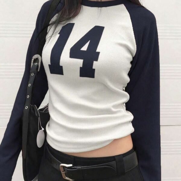 Elorivane Women's Number Graphic Fitted Long Sleeve Top, Raglan Sleeve Casual Spring