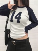 Elorivane Women's Number Graphic Fitted Long Sleeve Top, Raglan Sleeve Casual Spring - Image 7