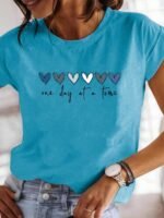 Elorivane Plus Size Light Blue Round Neck T-Shirt "One Day At A Time" Heart Print Soft Polyester for Summer Vacation Smart Casual Wear - Image 12