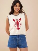 Elorivane Women Lobster Intarsia Sweater Vest, Round Neck Multi Stitch Western Cowgirl Fall Winter Casual Top - Image 3