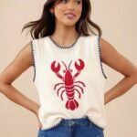 Elorivane Women Lobster Intarsia Sweater Vest, Round Neck Multi Stitch Western Cowgirl Fall Winter Casual Top