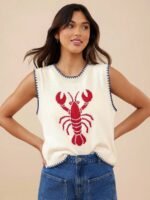 Elorivane Women Lobster Intarsia Sweater Vest, Round Neck Multi Stitch Western Cowgirl Fall Winter Casual Top