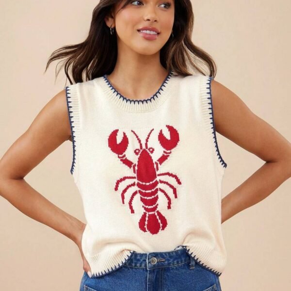 Elorivane Women Lobster Intarsia Sweater Vest, Round Neck Multi Stitch Western Cowgirl Fall Winter Casual Top