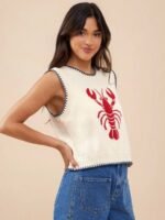 Elorivane Women Lobster Intarsia Sweater Vest, Round Neck Multi Stitch Western Cowgirl Fall Winter Casual Top - Image 4