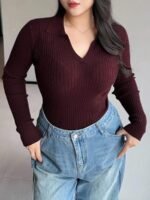 Elorivane Plus Size Wine Red Sweater, V-Neck Bodycon Long Sleeve Valentine Fall Top - Image 8