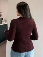 Elorivane Plus Size Wine Red Sweater, V-Neck Bodycon Long Sleeve Valentine Fall Top - Image 2
