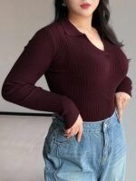 Elorivane Plus Size Wine Red Sweater, V-Neck Bodycon Long Sleeve Valentine Fall Top - Image 4
