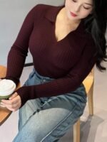 Elorivane Plus Size Wine Red Sweater, V-Neck Bodycon Long Sleeve Valentine Fall Top - Image 5