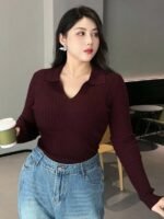 Elorivane Plus Size Wine Red Sweater, V-Neck Bodycon Long Sleeve Valentine Fall Top - Image 6